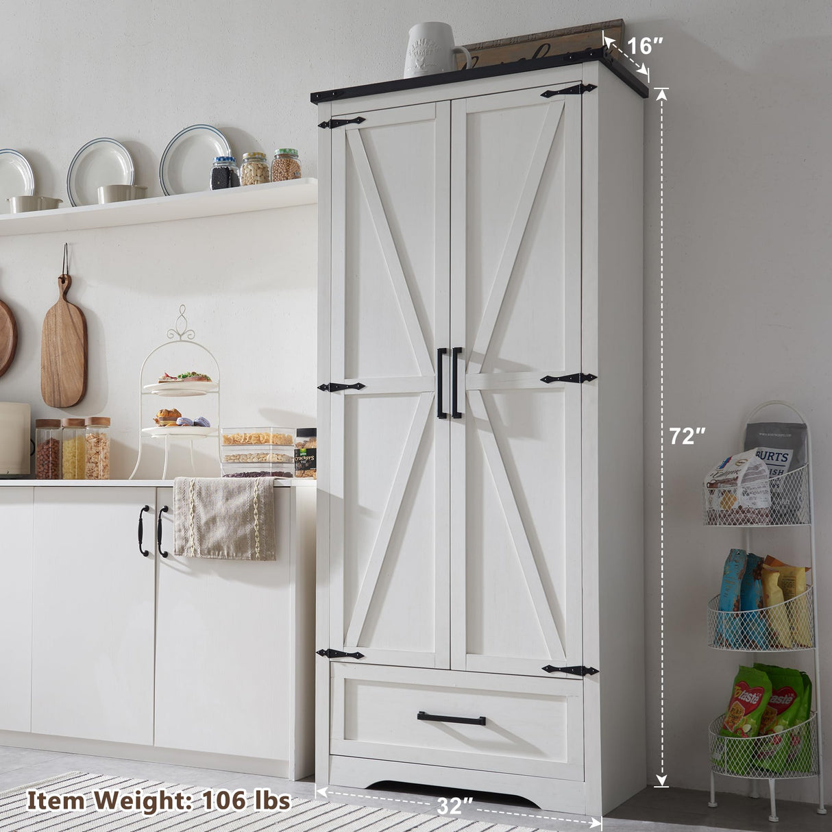 XIASLO 72" Tall Wood Storage Cabinet, Farmhouse Kitchen Pantry Cabinet with Adjustable Shelves & Drawer & Barn Doors, Versatile Storage for Kitchen, Dining Room, Bathroom, Antique White XIASLO