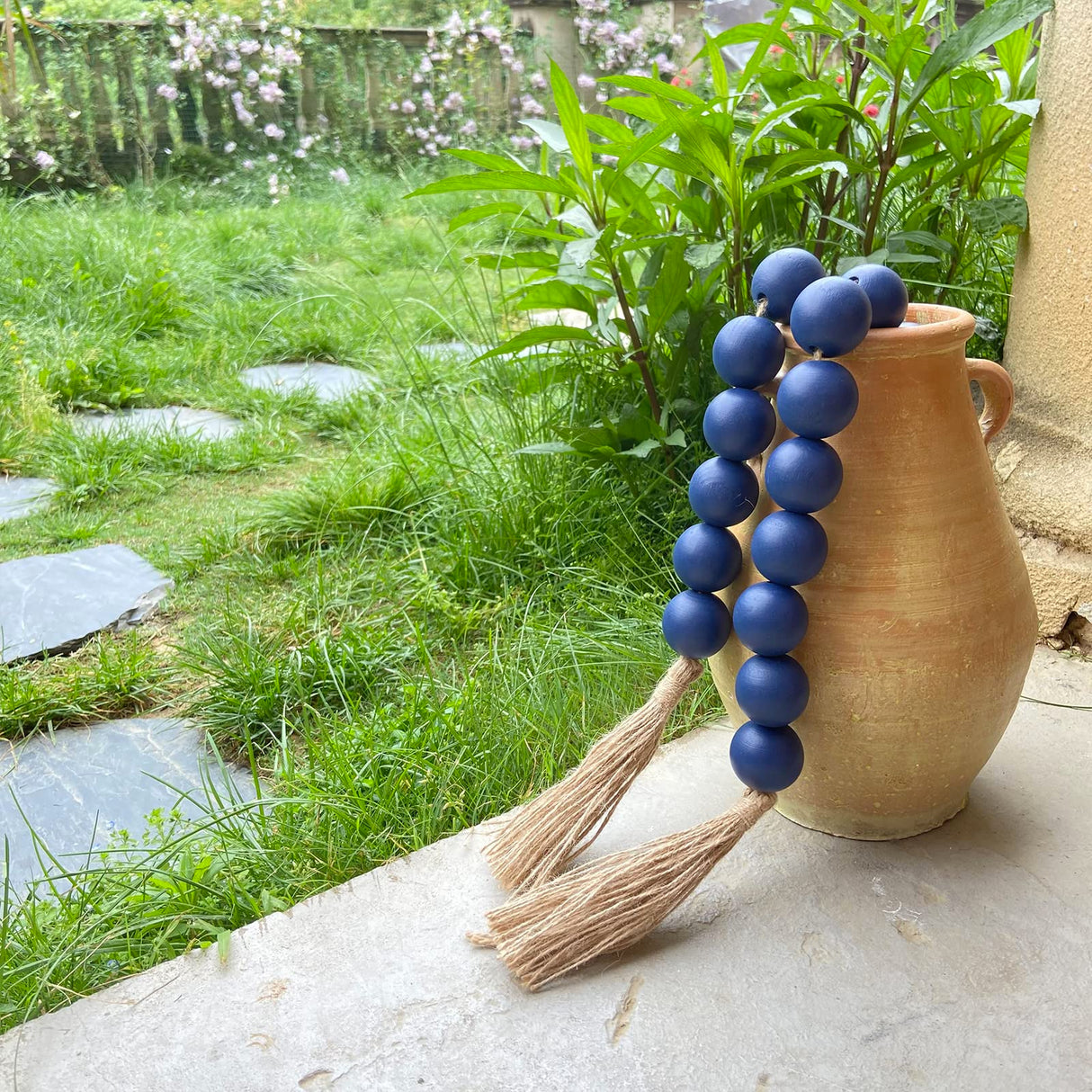 OMISHE Large Wood Bead Garland Navy Blue with 1.6" Diameter Wooden Beads and Tassels, Decorative Beads Decorations, 41" Long Rustic Farmhouse Country Wood Beads Garland for Home Wooden Decor Navy Blue OMISHE