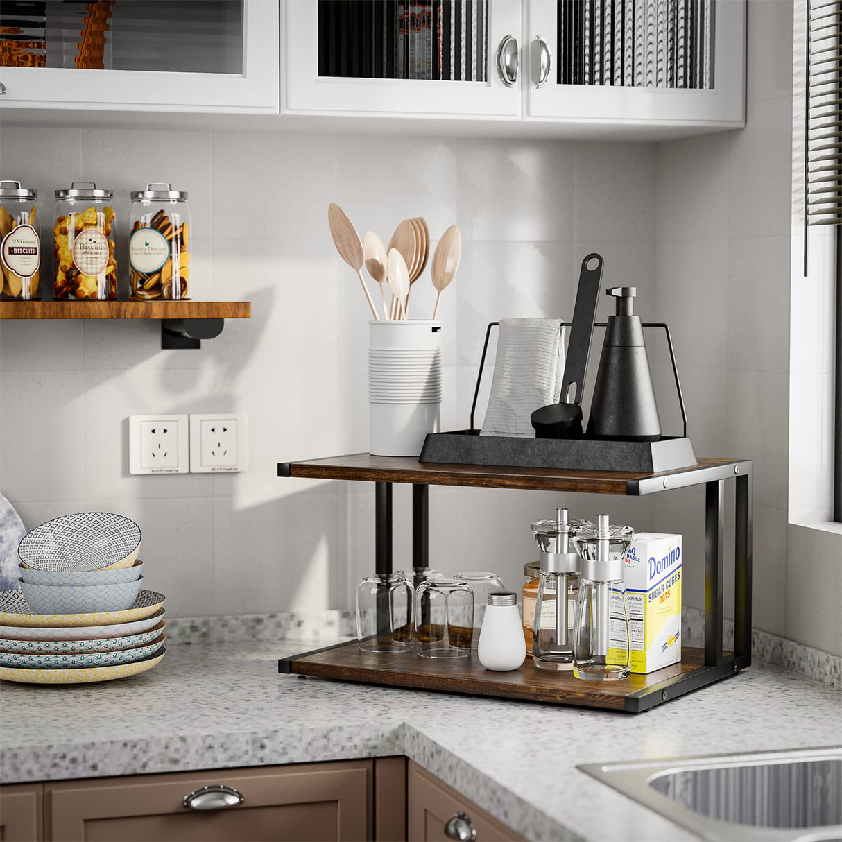 XBurmo Printer Stand with 2 Tier Wood Shelves Desktop Organizer for Small Space Fax Machine Shelf Stand Books Trays Under Desk Shelf with Adjustable Anti-Skid Feet Vintage Brown XBurmo