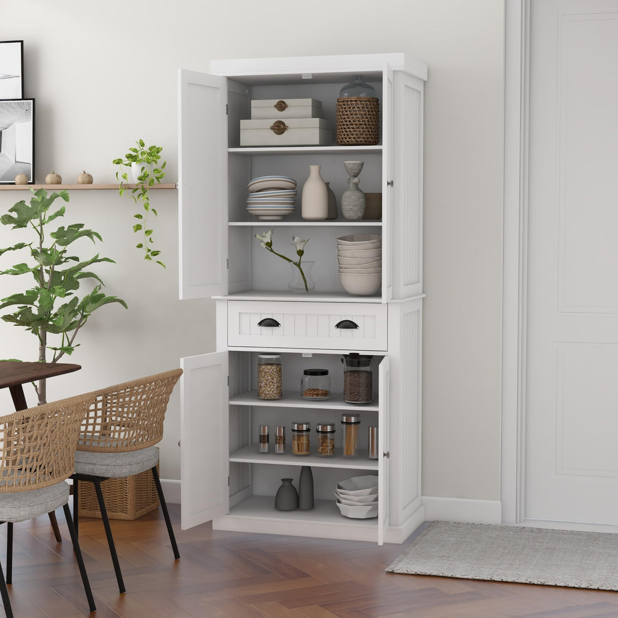 RASOO 72" Pantry Cabinets Freestanding Food Kitchen Pantry Storage Cabinet Cupboard with Drawer and Adjustable Shelves,White (Vertical bar Drawing Slot) RASOO