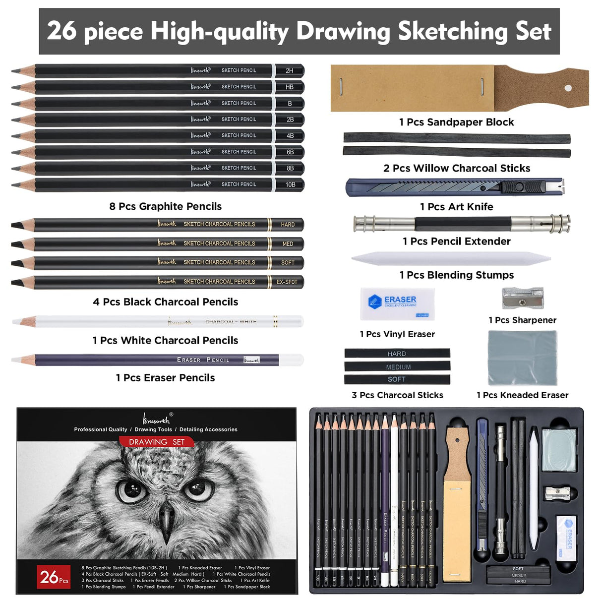 Brusarth Charcoal Pencils for Drawing, Set of 26, Professional Drawing Sketch Pencils, Art Supplies for Drawing, Shading, Sketching, Blending, Artist Pencils for Beginners & Pro Artists Brusarth
