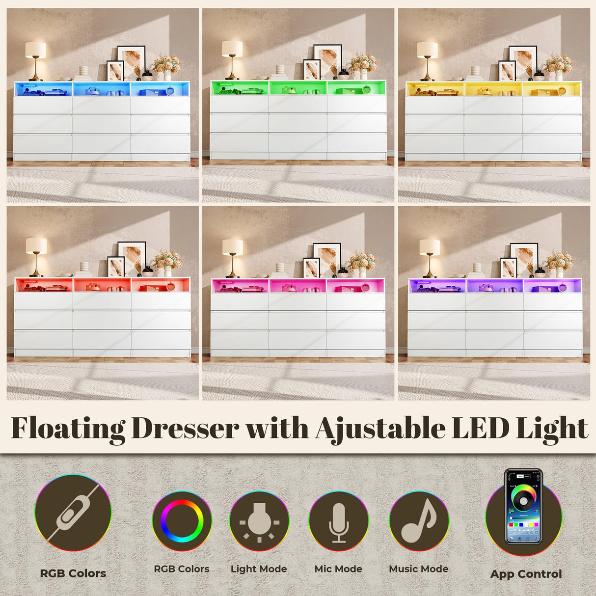 9 Drawer Dresser for Bedroom with Power Outlet, White Dressers with LED Light, Dresser Chest of Drawers for Closet,Wooden Dressers Organizer Cabinet for Living Room,Entryway, Hallway (9 Drawer White) STIKELY