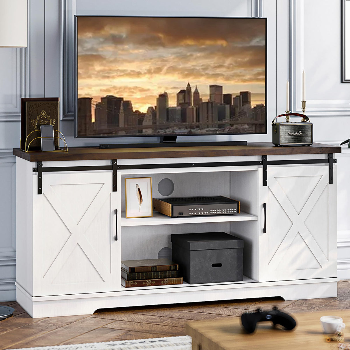 IDEALHOUSE Farmhouse TV Stand, Entertainment Center for 65 Inch TV Media Console Table, White Barn Door TV Stand with Storage and Shelves, Modern TV Console Cabinet Furniture for Living Room IDEALHOUSE