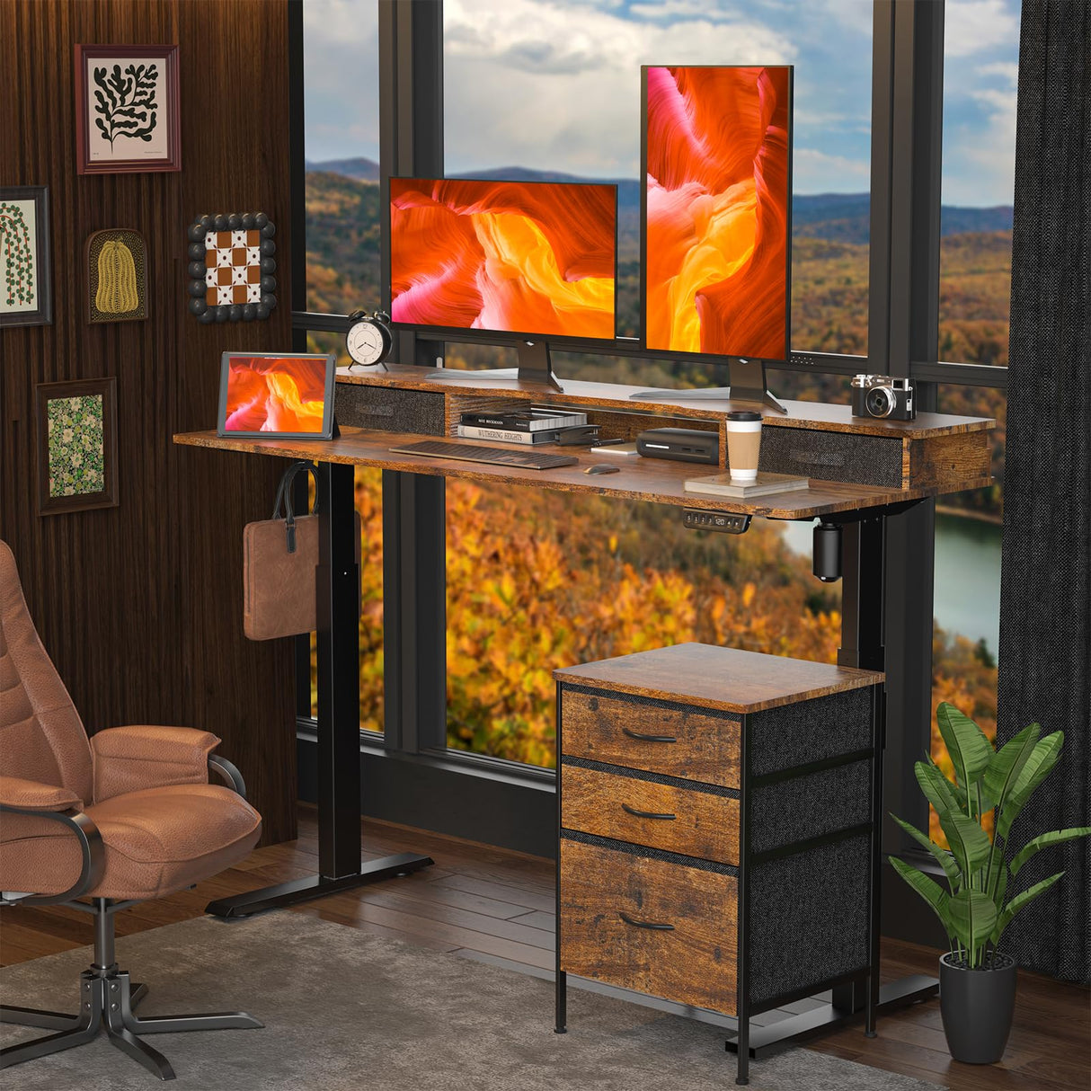 REGISDESK 63 Inch Electric Standing Desk with Cabinet & Drawers, Height Adjustable Sit Stand Desk with Monitor Shelf, Smart Home Office Standing Computer Desk, Rustic Brown REGISDESK