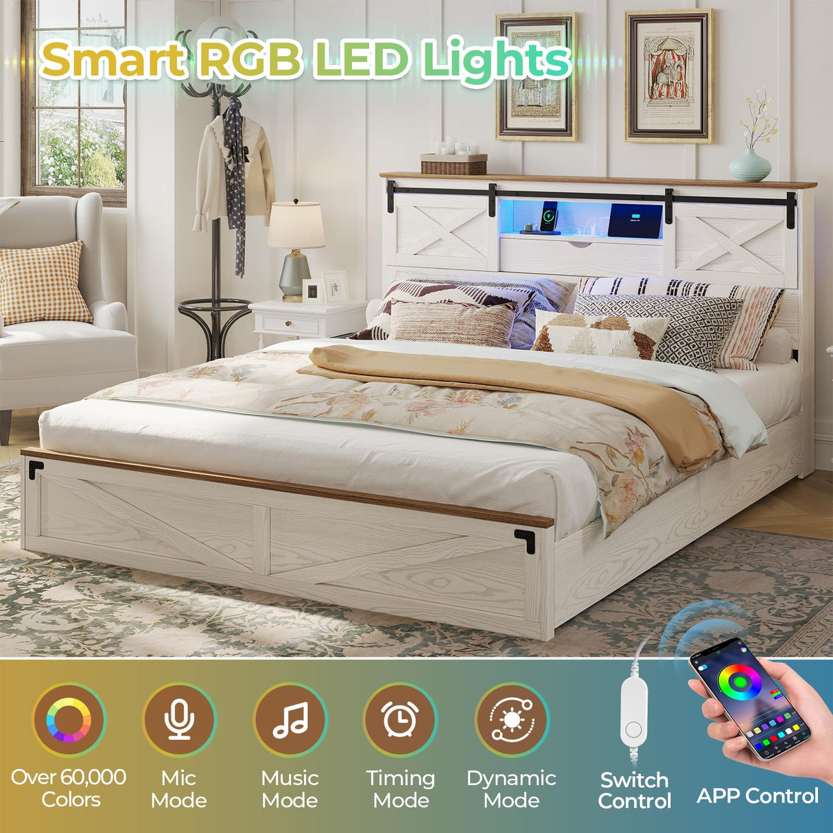 Hasuit Farmhouse Bed Frame California King Size with Storage Bookcase Headboard, Wooden Cal King Bed with LED Lights, Charging Station, 2 Drawers, Country Rustic Bed Frame with Sliding Barn Door Hasuit