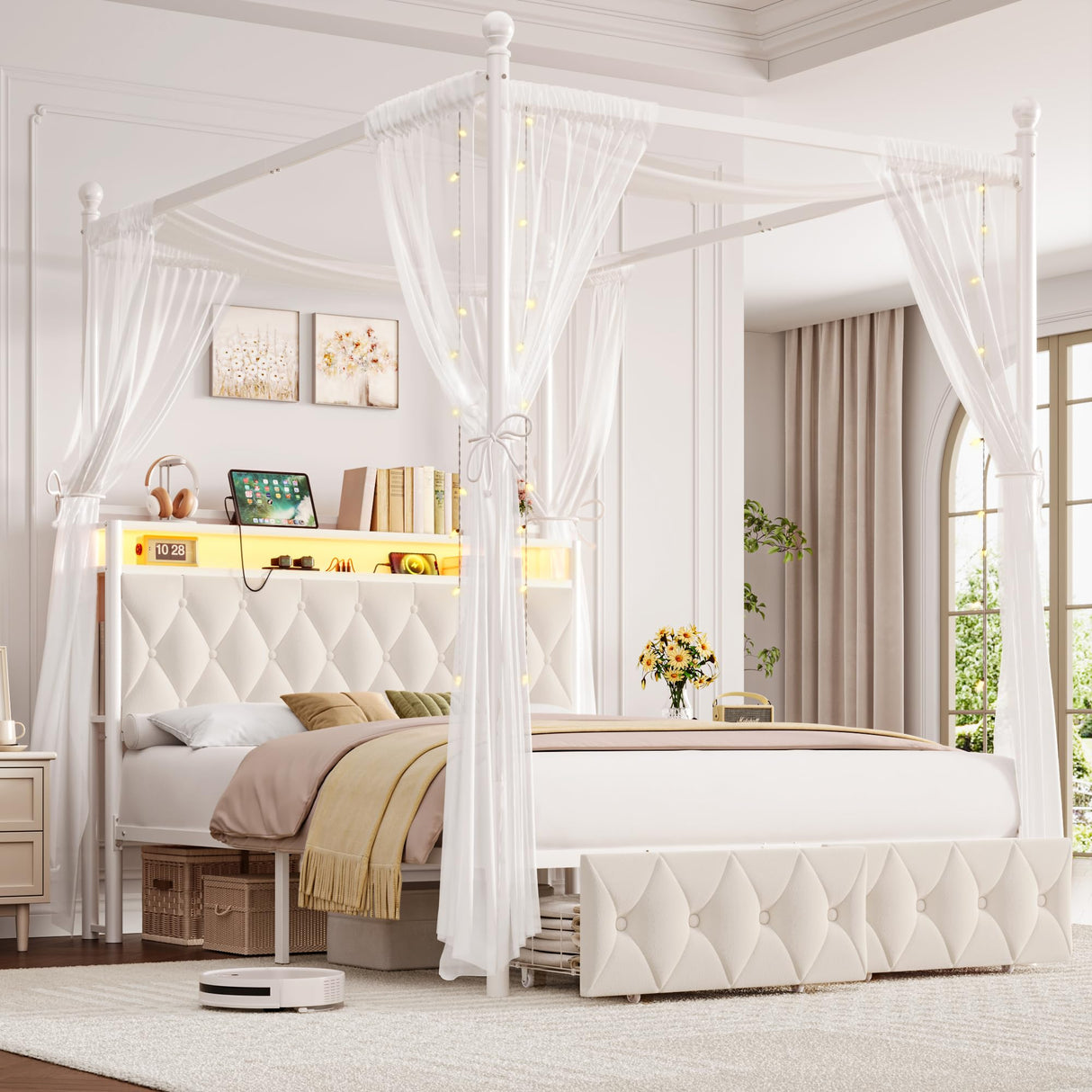 HIFIT Queen Size Upholstered LED Canopy Bed Frame with Storage and Charging Station, Button Tufted Storage Headboard with Bookshelf, Two-Use Metal Platform Bed with 4 Removable Post & 2 Drawers, Biege HIFIT