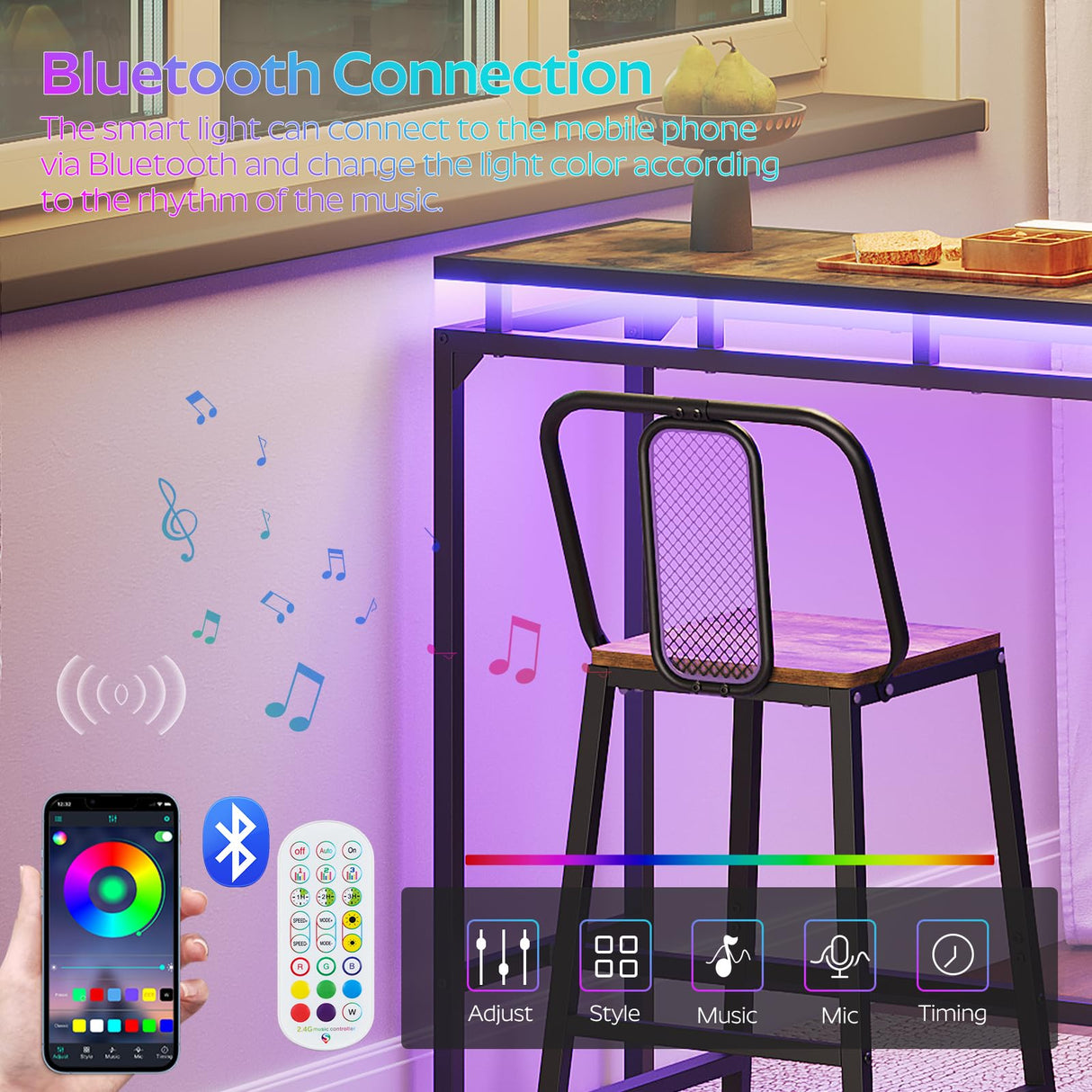 YATINEY Bar Table with LED Lights, Counter Height Table, Bar Height Table, Pub Table, Gaming Table, Metal Frame, for Living Room, Dining Room, Pub, Rustic Brown and Black BT01DBR YATINEY