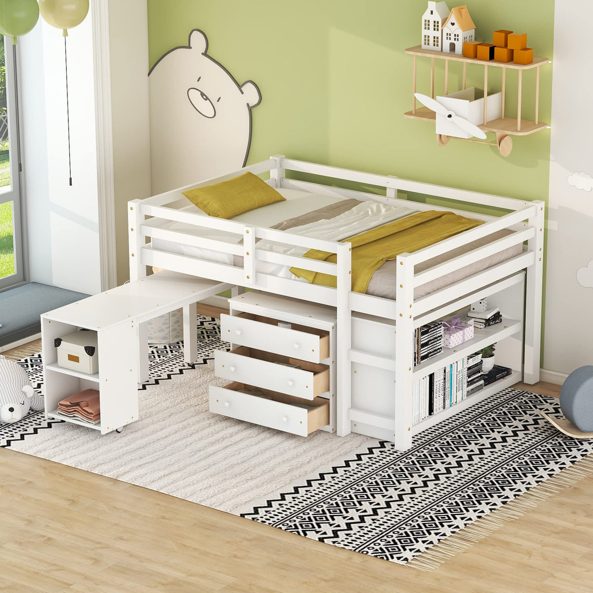 Low Full Loft Bed with Desk & Storage - Modern White Design by Bellemave Bellemave