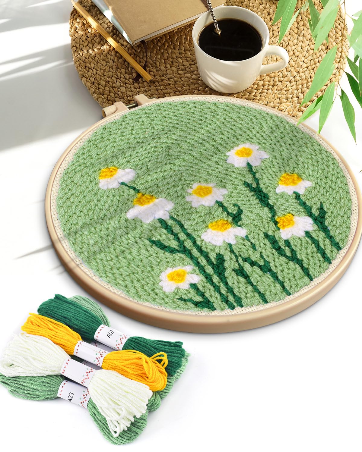 TINDTOP Punch Needle Kit, Daisy Punch Embroidery Kits for Adults Beginner, Tool with Punch Needle Fabric, Hoops, Yarns and Sewing Needles TINDTOP