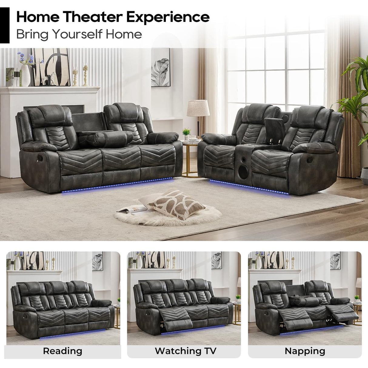 Manual Recliner Sofa Set with Wireless Charger for Living Room, Leather 3 Seater Reclining Sofa and Loveseat Seating Couch with Bass Speakers, LED Lights,Home Theater Love seat Sets with Console, Grey Comfort Stretch