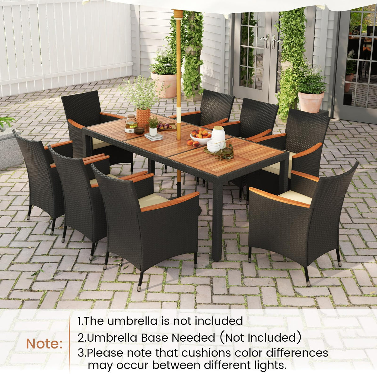 HAPPYGRILL 9 Pieces Outdoor Dining Set for 8, Patio Conversation Set with Acacia Wood Tabletop, Umbrella Hole, Washable Seat Cushions, Rattan Dining Table & Chair Set for Garden Yard Poolside HAPPYGRILL