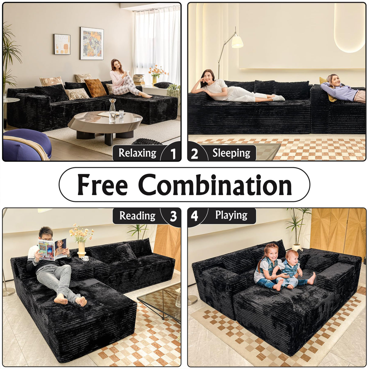Black sectional couches for Living Room Corduroy Couch,104" Cloud Sectional Couch with L-Shape Chaise, Modern Modular Sofa, Deep Seat Comfort, No Assembly Required(Plush Corduroy Fabric) HKUVUKH