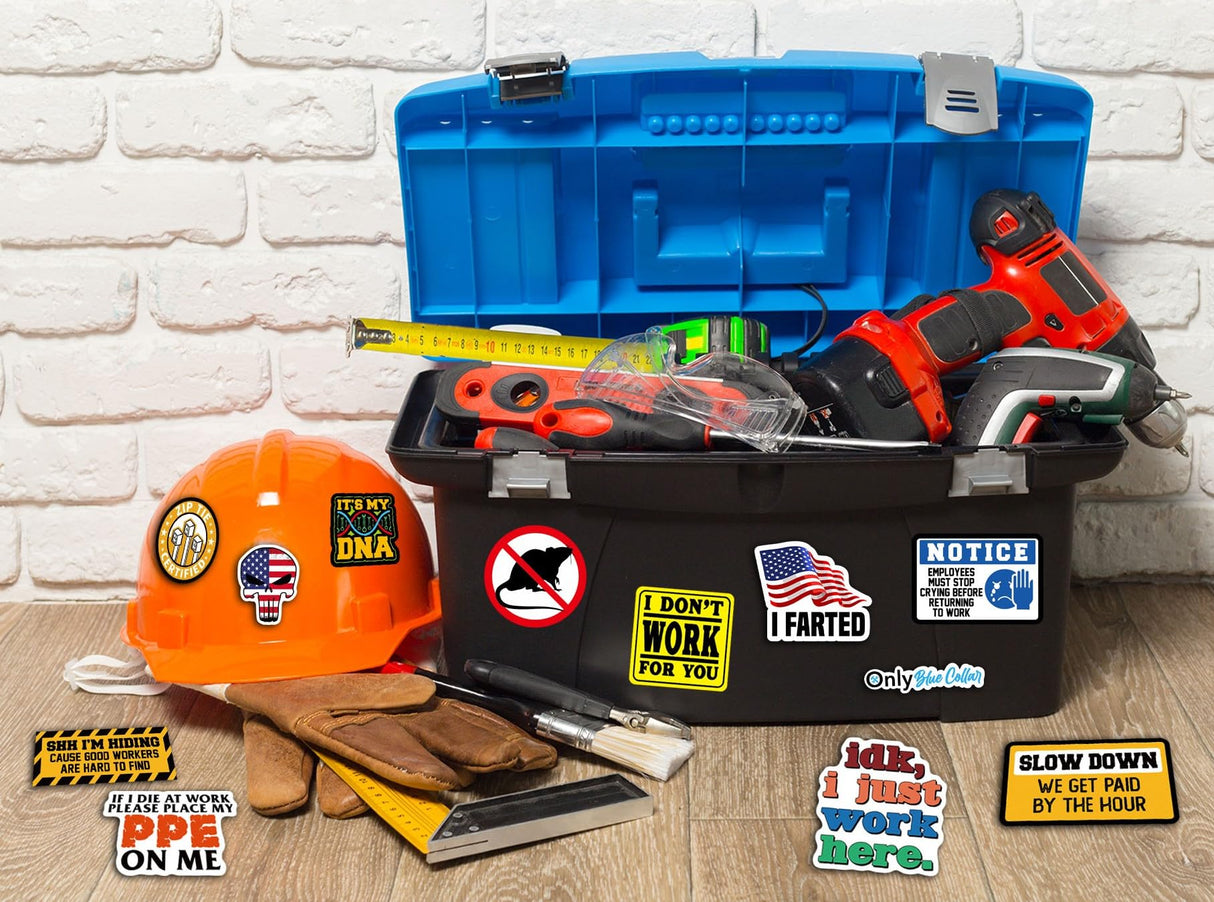 306 PCS Funny Hard Hat Sticker Pack for Adults - Waterproof Vinyl for Welding Helmet, Tool Box, Construction, Electrician, Mechanic Tools - Blue Collar Accessories Debinolo