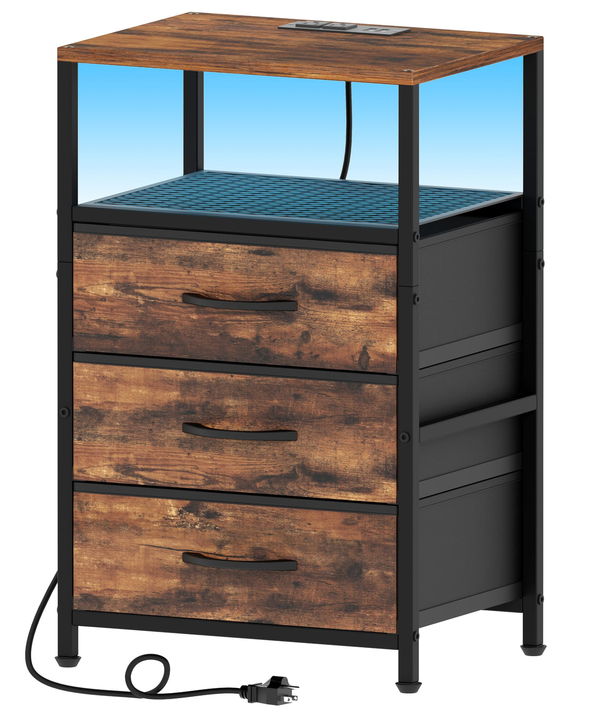 Akxomel Night Stand with Charging Station, 11" D x 15" W Nightstand with LED Light, Bedside Table with Fabric Drawers, Side Table with Open Shelf for Bedroom, Rustic Brown Akxomel
