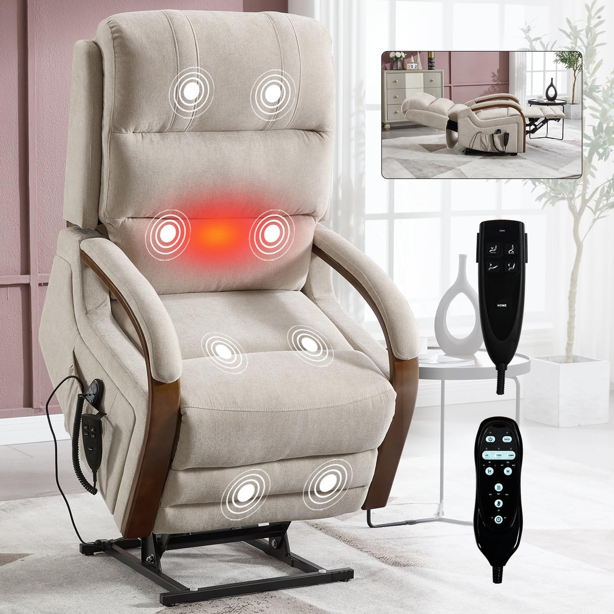 RHHVVR Dual Motor Power Lift Recliner Chair, 350 lbs Electric Recliners with Massage and Heat, Solid Wood Armrest Back Footrest Adjustable Living Room Chair for Elderly, Beige RHHVVR