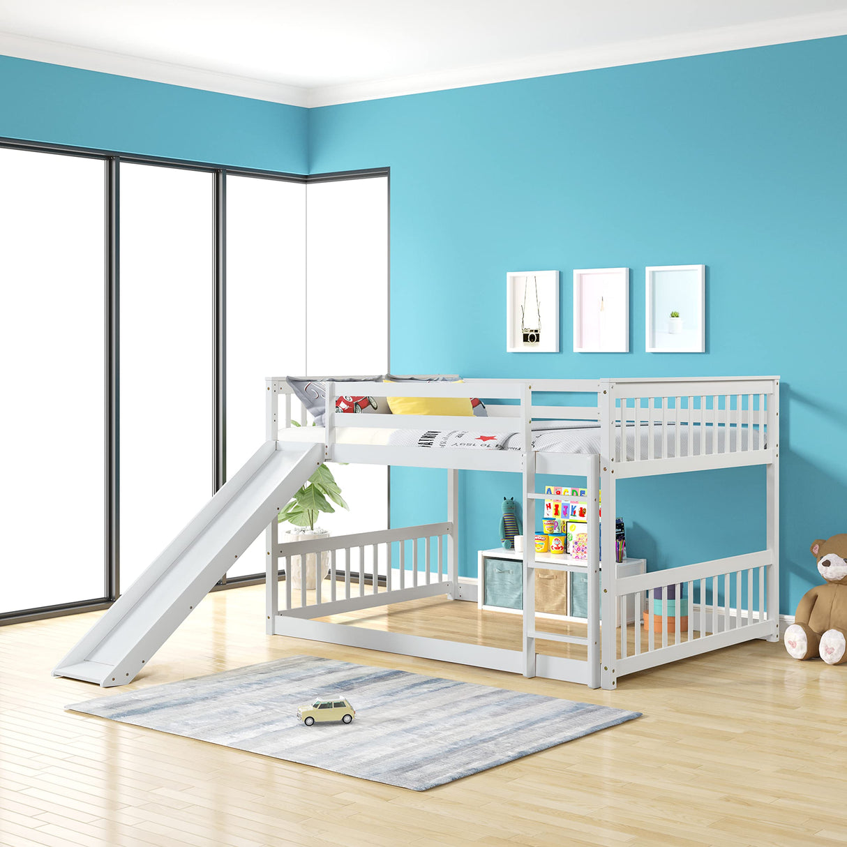 Bellemave Full Over Full Bunk Bed with Slide and Ladder, Low Bunk Bed for Kids, Girls, Boys, Floor bunk beds, White Bellemave