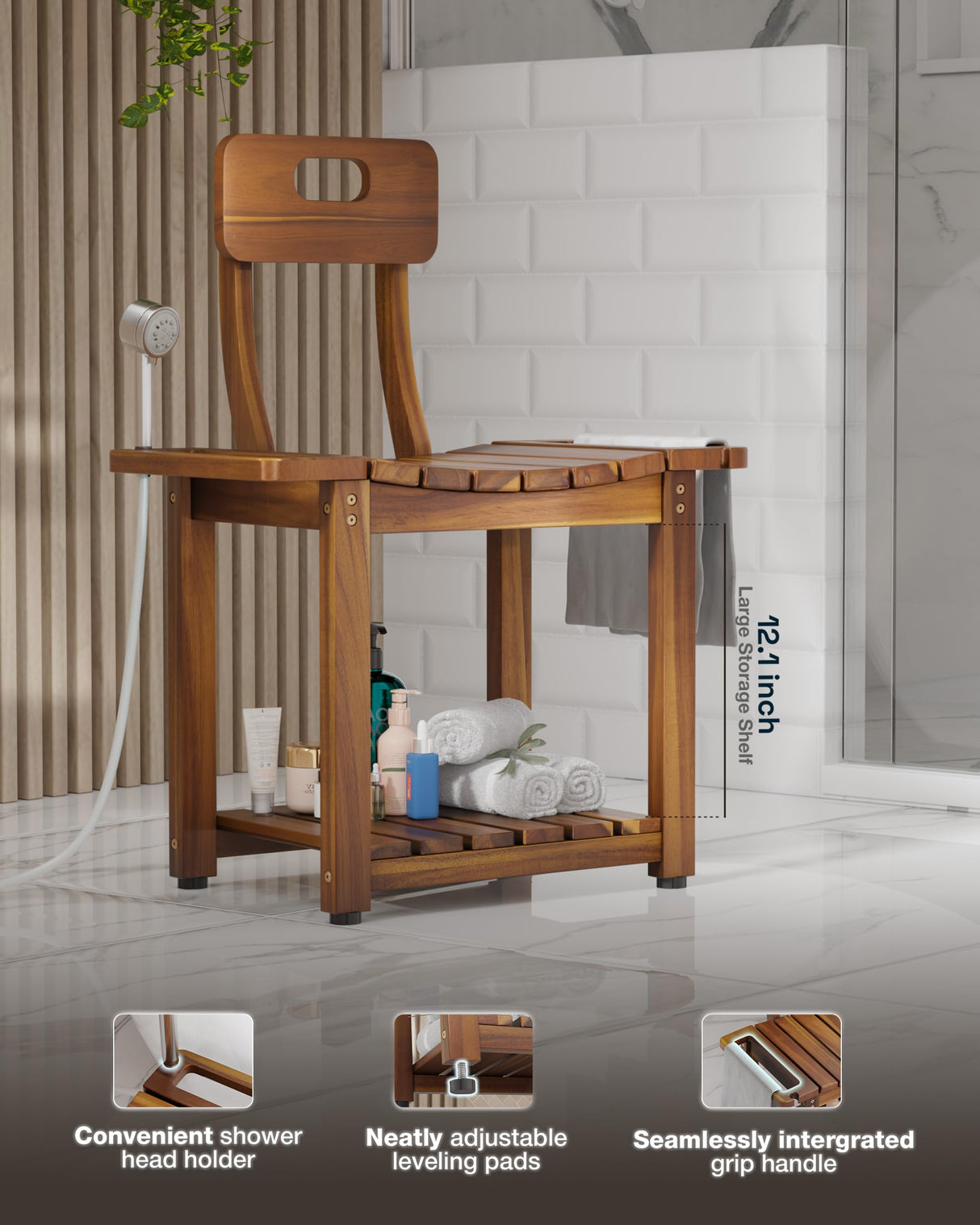 BLUEWEST 23.4'' Shower Chair with Backrest Bath Chair for Inside Shower or Tub, Heavy Duty 450 lbs Support, Non-Slip Feet, Shelf Storage, Built-in Handles for Elderly or Adults (Acacia) BLUEWEST