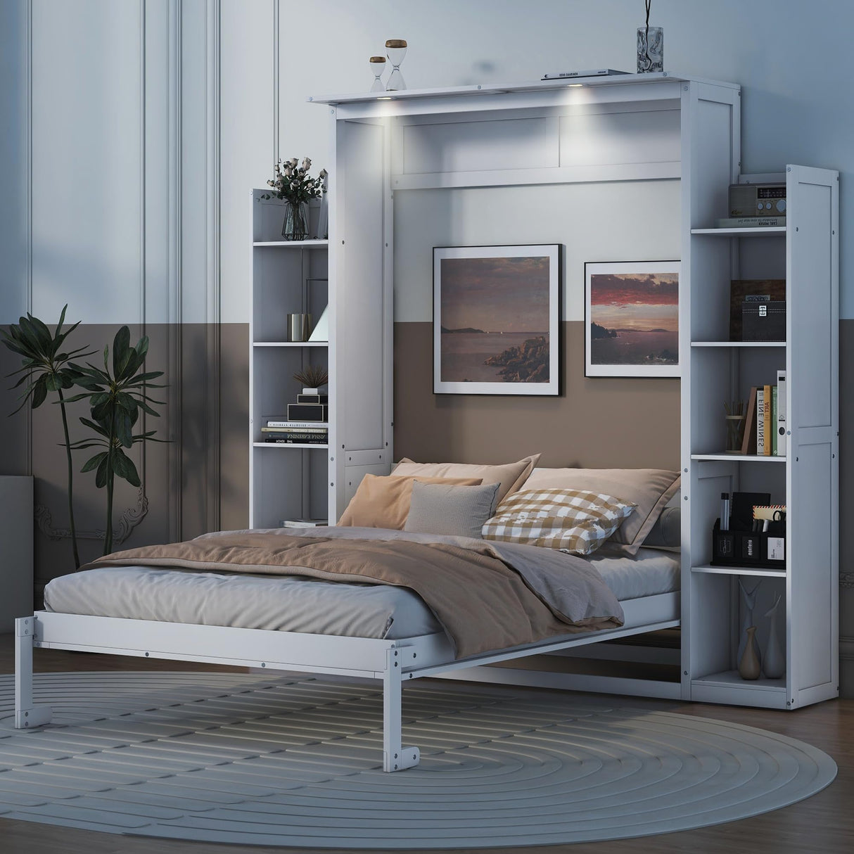 Merax Full Size Murphy Bed with 2 Five-Layer Cabinet, Modern Wall Bed with Shelves and LED Lights, Foldable Wood Platform Bed Folded into Cabinet for Guest Room, Home and Office, White Merax