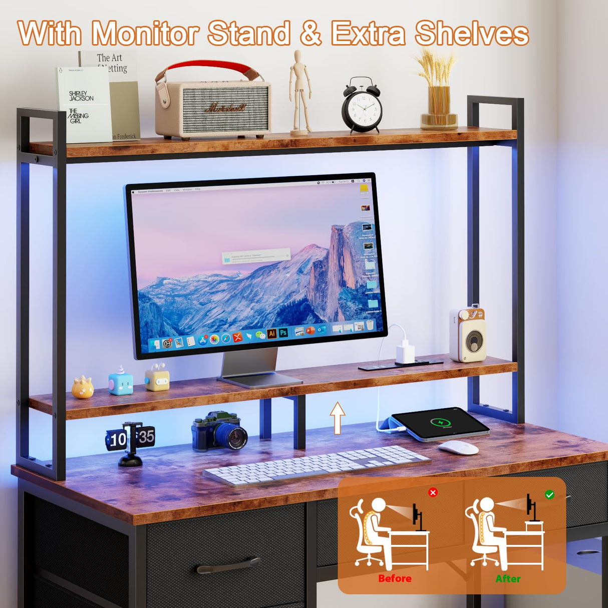 Computer Desk with Hutch, Gaming Desk with Power Outlets & LED Ligthts & 5 Fabric Drawers, Home Office Desk with 2 Tiers Storage Shelves for Display, 39" PC Gamer Table for Bedroom, Rustic Brown Korfile