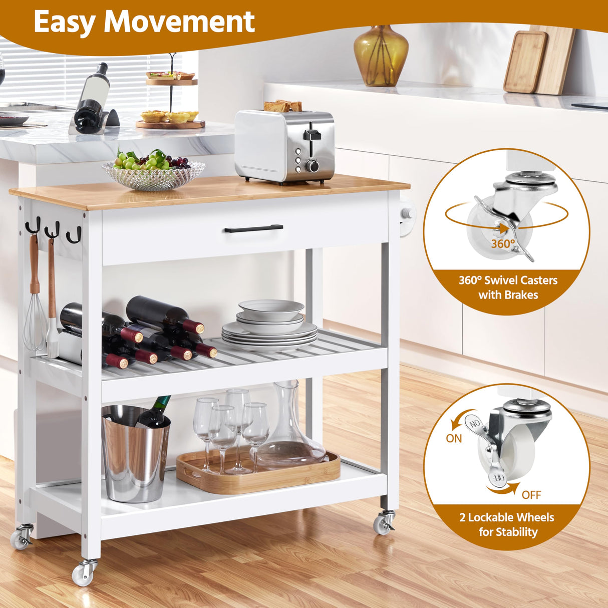 Yaheetech Kitchen Island Cart on Wheels with Bamboo Tabletop, 3-Tier Rolling Kitchen Island Microwave Cart with Drawer, Detachable Towel, 3 Hooks, 17″D × 37.5″W, White Yaheetech