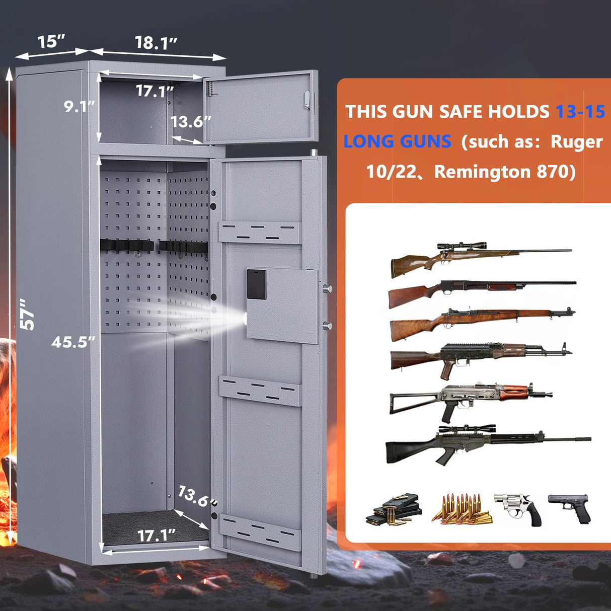 KAER 13-15 Gun Safe,Gun Safe for Rifles and Pistols,Double Layer Electronic Gun Cabinet,Gun Safes for Rifles Adjustable Gun Racks,Rifle Safes for Home with Separate Lockbox KAER