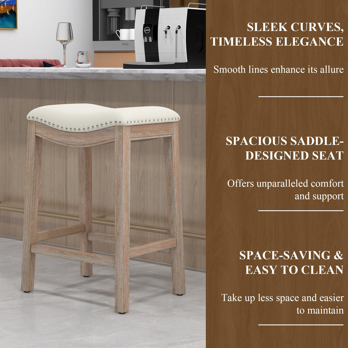 ABET Bar Stools Counter Height Chair Set of 3, 27" Backless Farmhouse Barstools with Wood Leg & Built-in Footrest, Nailhead Saddle Seat, Upholstered Linen Kitchen Island Chairs, Beige ABET