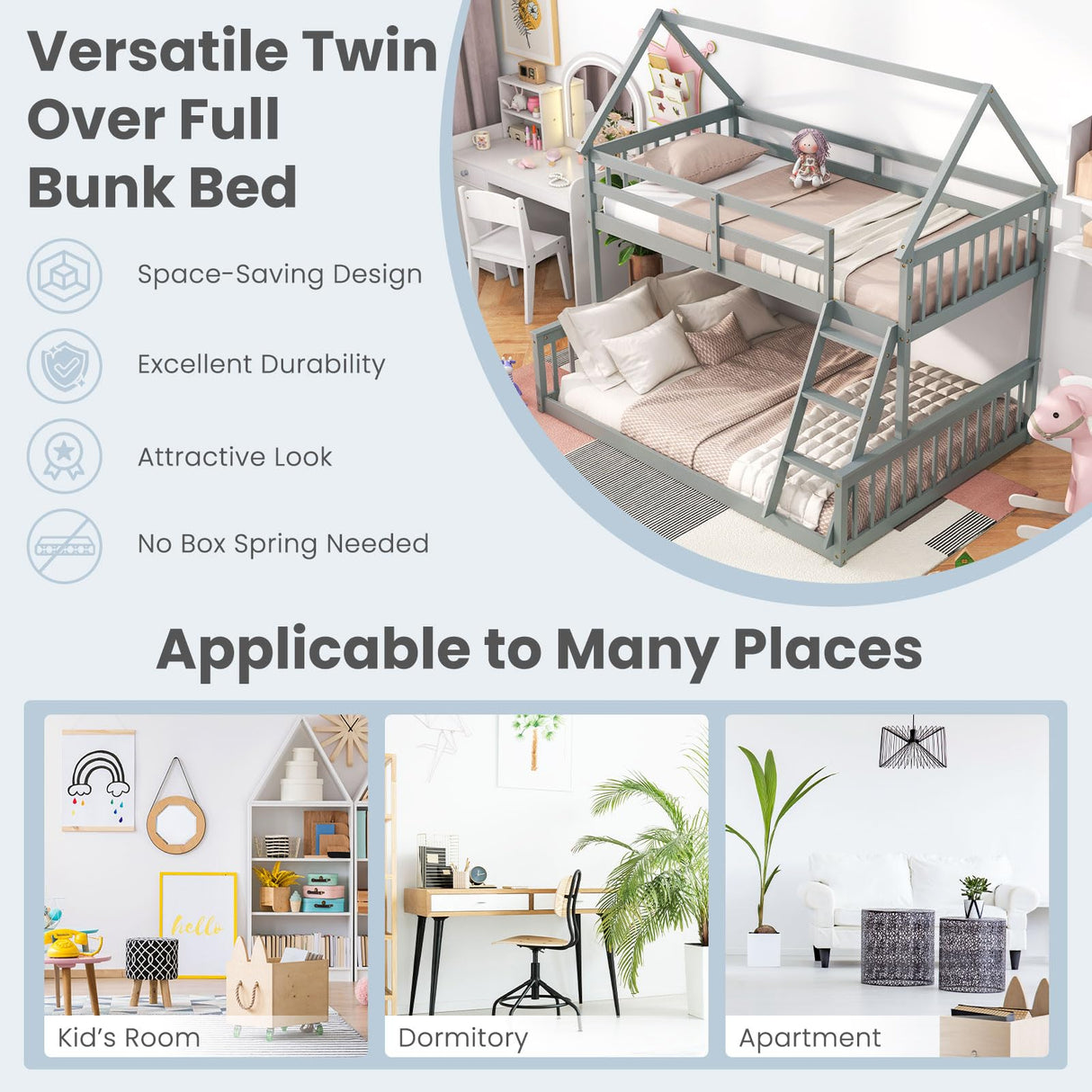 KOMFOTT Grey Twin Over Full House Bunk Bed with Integrated Ladder and Safety Guardrails KOMFOTT