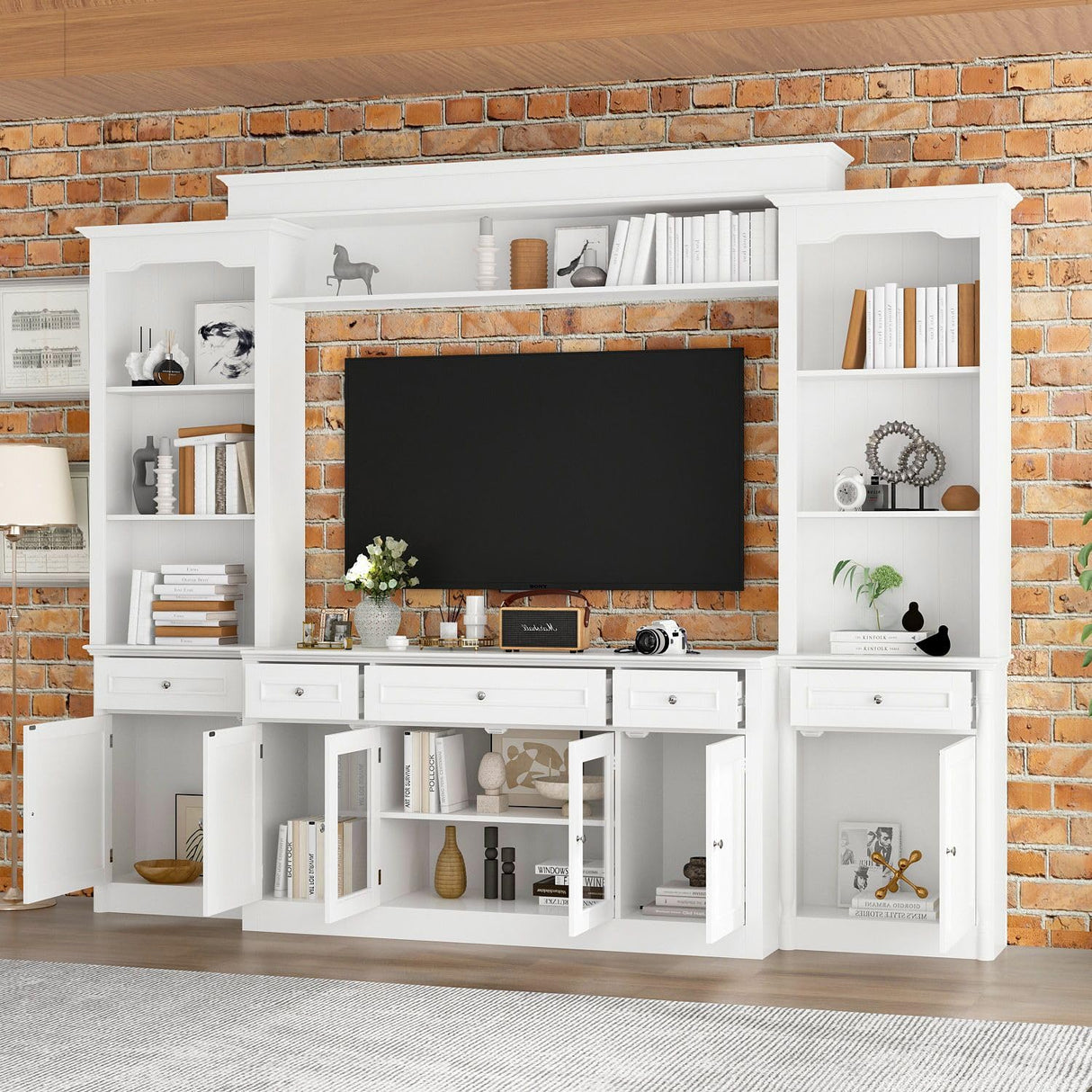 FAMAPY Large Entertainment Center with Bookshelves for TVs up to 60", Media Center with Doors and Shelves, TV Entertainment Center with Bridge, TV Hutch for Living Room White (104.3”W x 17”D x 82.3”H) FAMAPY