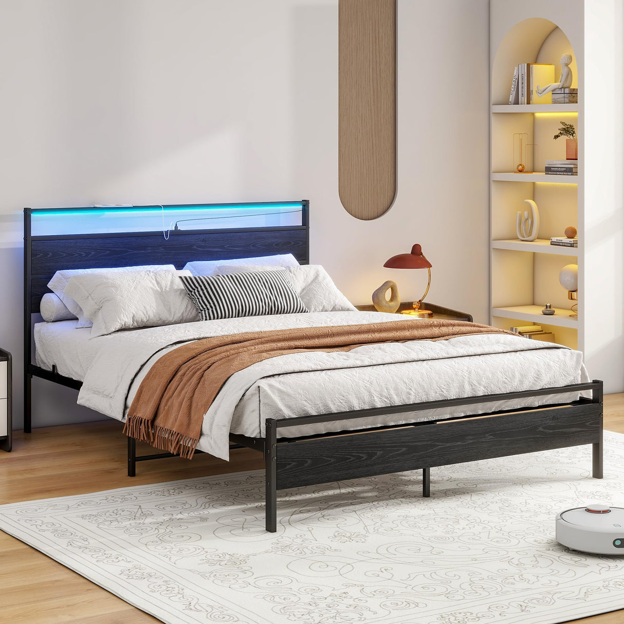 HOJINLINERO Queen Bed Frame with Headboard, LED Lights & Charging Station - Heavy Duty Metal Platform Bed HOJINLINERO