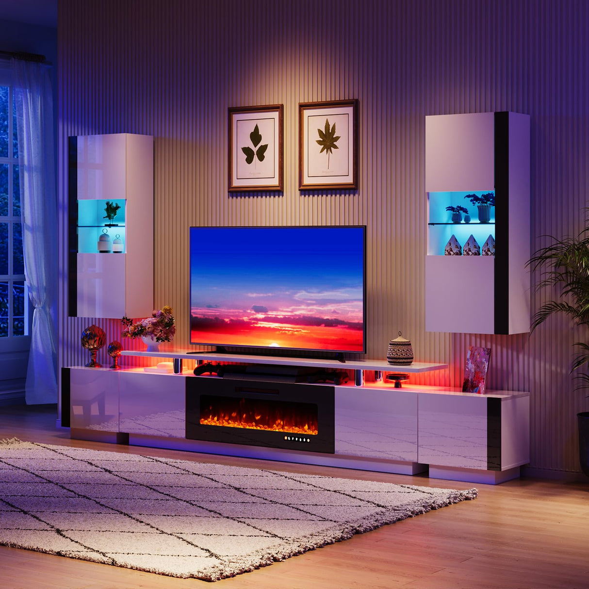 AMERLIFE Wall Storage Cabinets with LED Lights, Modern High Gloss Hanging Cabinets with 4 Closed Doors & Open Glass Shelves, for Living Room/Bedroom/Office, White(Set of 2) AMERLIFE