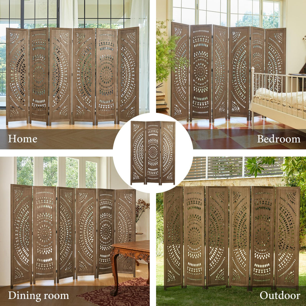 66.9Inch Folding Room Divider, 6 Panels Wood Carved Privacy Screens Free Assembled Freestanding Partition for Bedroom Home Office (Brown) Svimi