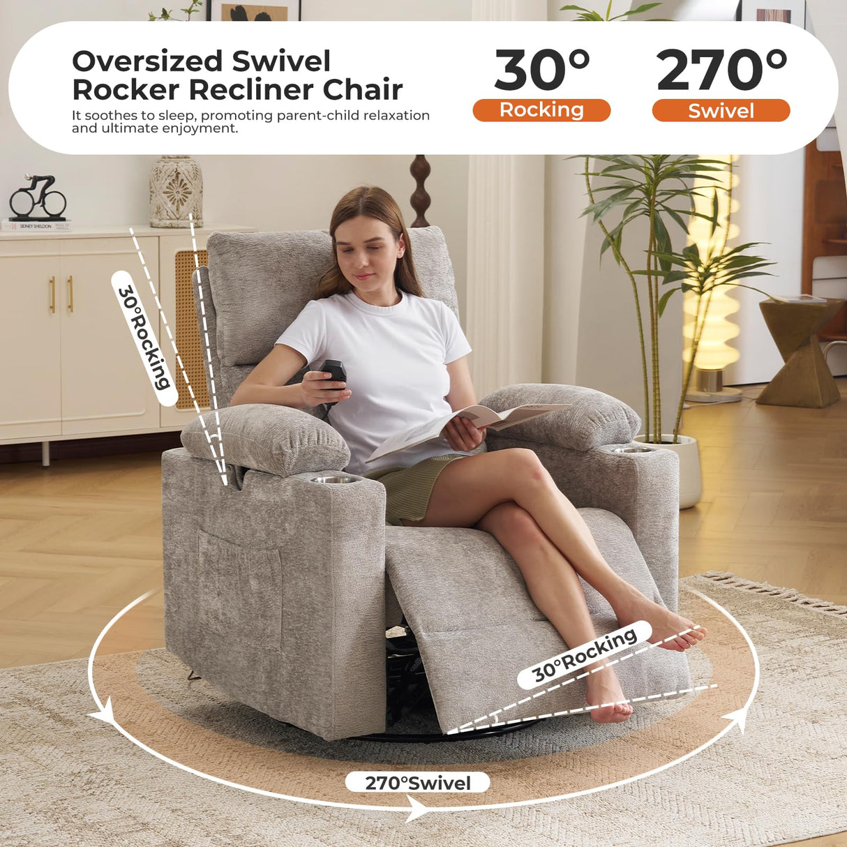 Oversized Power Recliner Chair Swivel Glider with Massage and Heat, Swivel Rocker Recliner with Adjustable Armrests, 26" Nursery Chair with Adjustable Headrest, Rocker Nursery Recliner, Light Grey Rhevoy