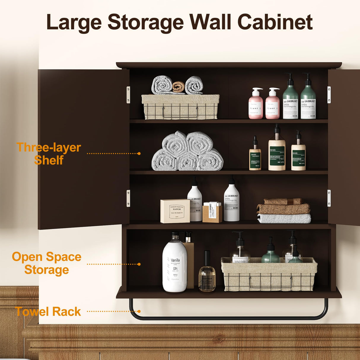 RoyalCraft Bathroom Medicine Cabinet Wall Mounted, Over The Toilet Storage Cabinet with Towel Rack and Adjustable Shelf, Large Bathroom Towel Cabinet Wall Mount 22 * 25 inch (Brown) RoyalCraft