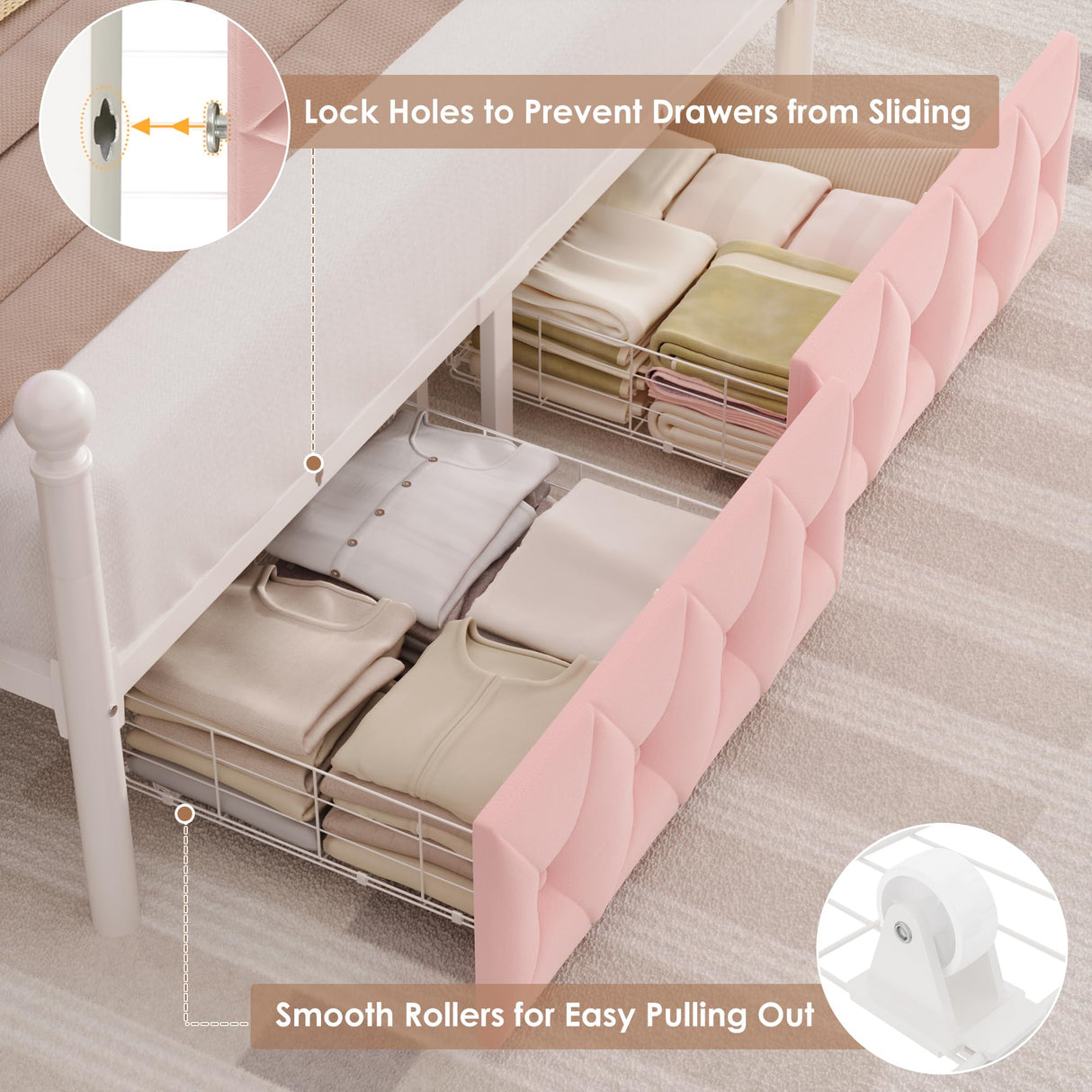 HIFIT Full Size Upholstered LED Canopy Bed Frame with Storage and Charging Station, Button Tufted Storage Headboard with Bookshelf, Two-Use Metal Platform Bed with 4 Removable Posts & 2 Drawers, Pink HIFIT