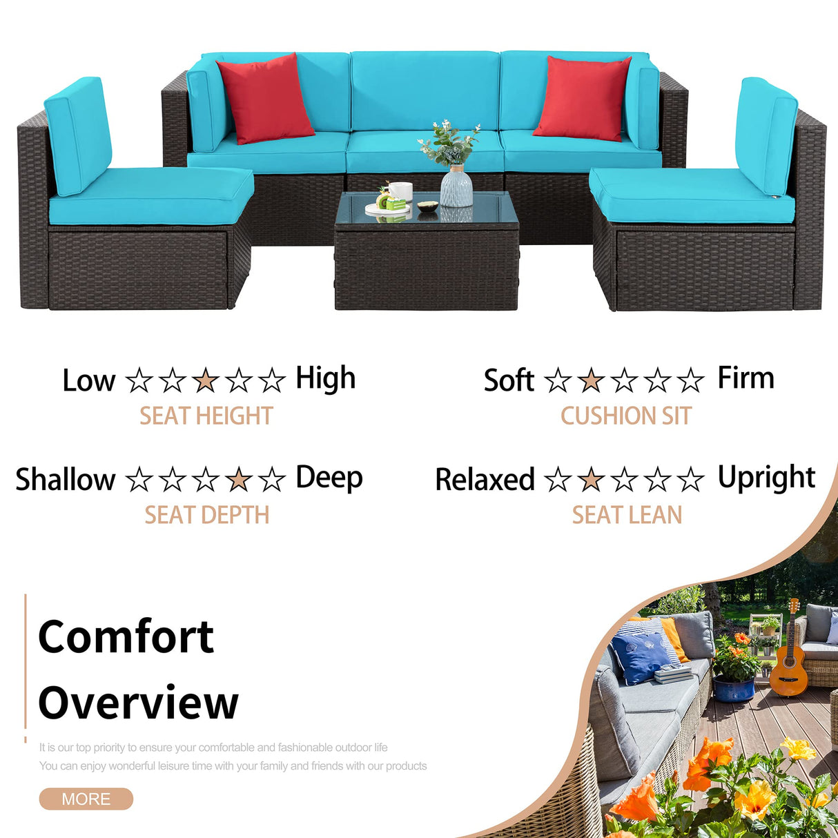 Shintenchi 6 Pieces Patio Furniture Sets Outdoor All-Weather Sectional Patio Sofa Set PE Rattan Manual Weaving Wicker Patio Conversation Set with Glass Table & Ottoman Cushion and Red Pillows, Blue Shintenchi