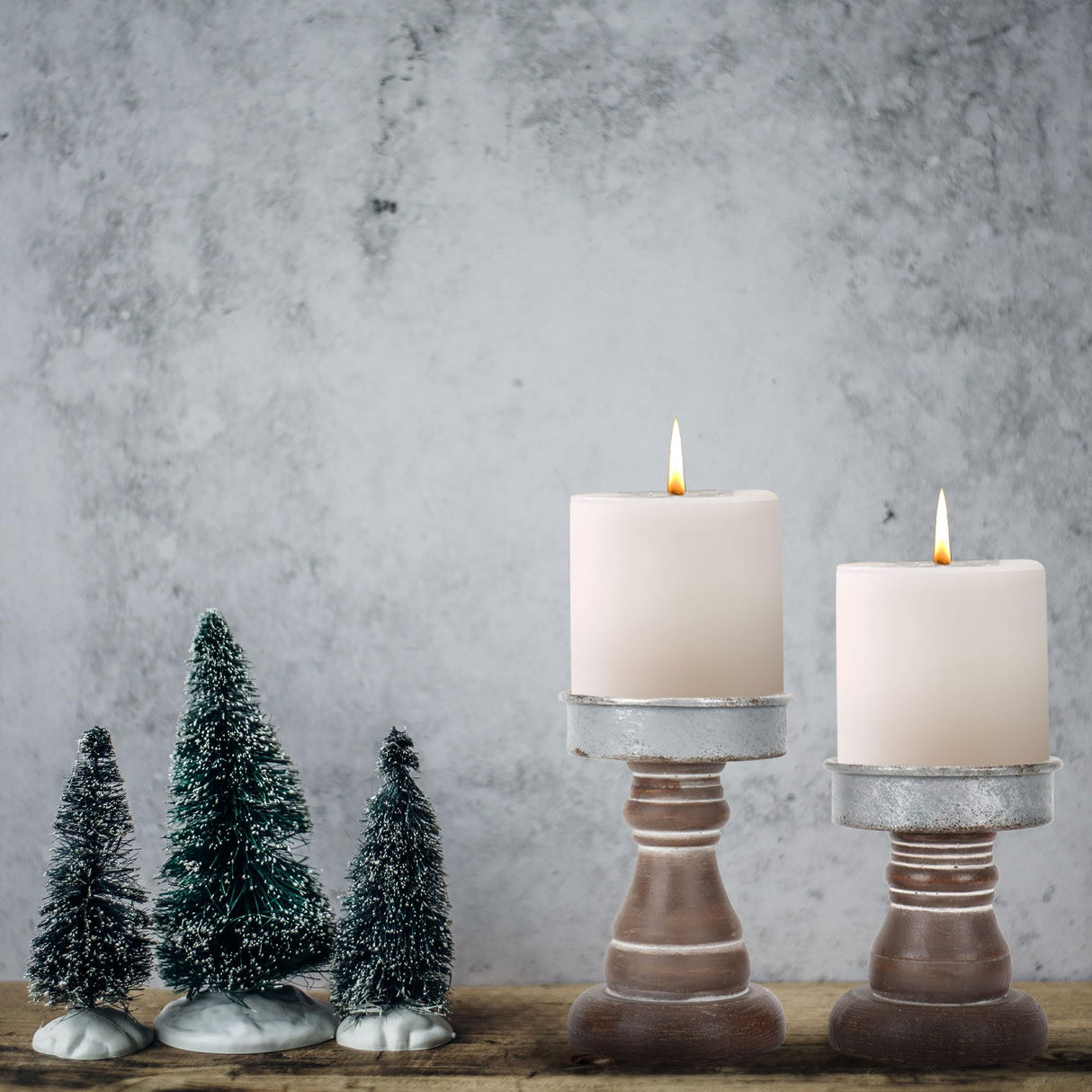 GenMous&Co. Decorative Candle Holders Pedestal Rustic Wood for Pillar Candle Farmhouse Candlestick Holder Galvanized Plate for Mantel, Dining Table, Centerpiece,Coffee Bar,Set of 2(Brown GENMOUS & CO.