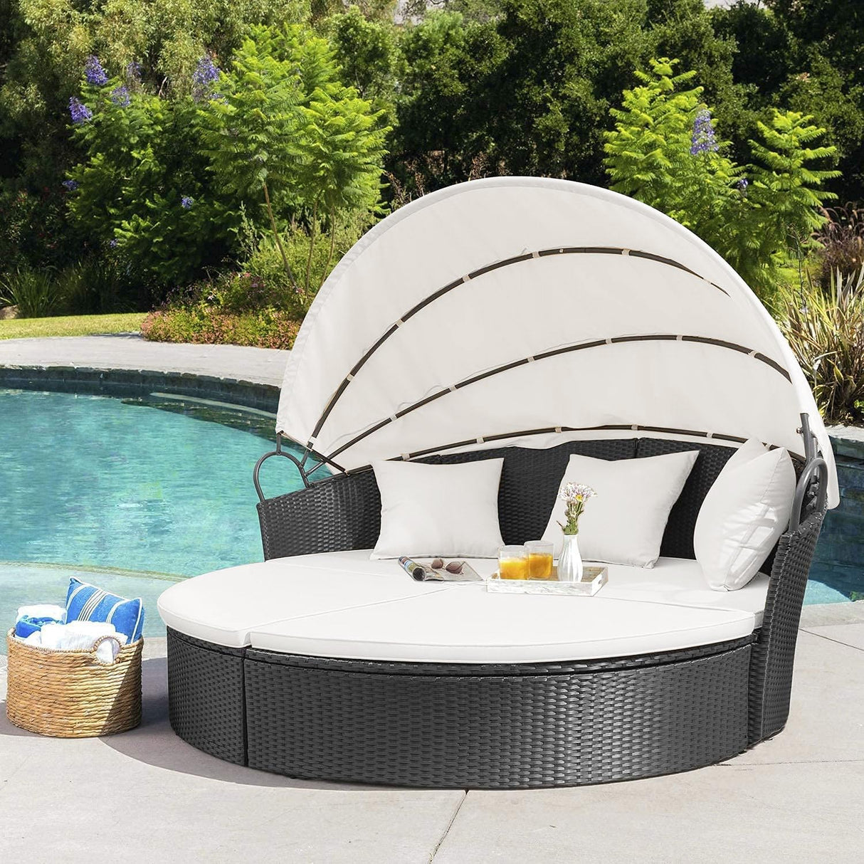 Homall Patio Outdoor Daybed with Retractable Canopy, Rattan Wicker Sectional Seating with Washable Cushions for Patio Backyard Porch Round Daybed Separated Seating (Beige) Homall