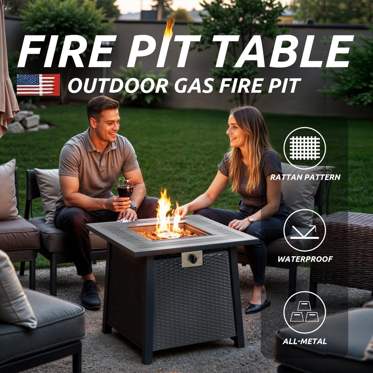 NIGOME Propane Fire Pit Table,Out Door Fire Pits & Fireplaces,Gas Fire Pit with Lid and Lava Rock.Square Black Fire Pit Table on Patio Deck & Garden Backyard. (Raven Black, 28-inch) Nigome