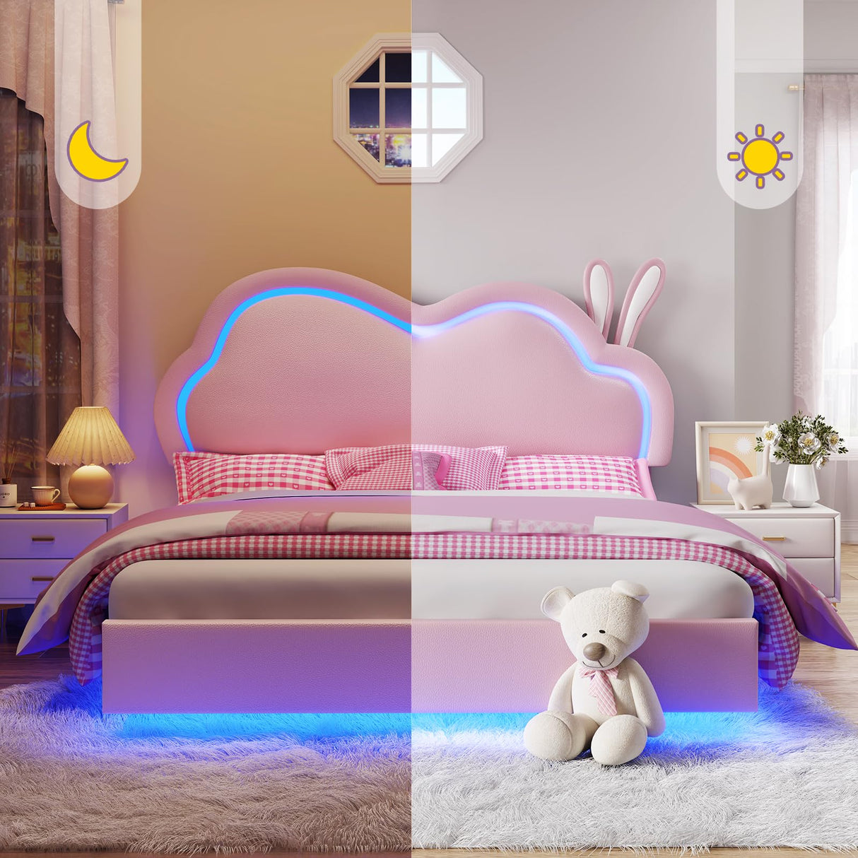 Jocisland LED Full Bed Frame for Girls Upholstered Floating Bed with Cute Cloud Headboard, No Box Spring Needed, Leather, Pink Jocisland