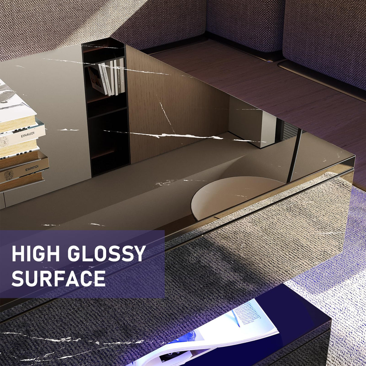 HOMFAMILIA LED Coffee Table with 2 Storage Drawers, Modern High Gloss Black Coffee Table w/20 Colors LED Lights, 2 Tiers Rectangle Center Table for Living Room with Marbling Print, APP Control, Black HOMFAMILIA