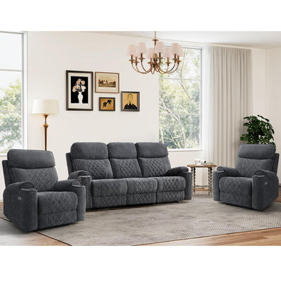 HAOMARKETS 3-Piece Power Recliner Sofa Set with Charging Port, Include 2 Single Power Chairs and a 3-Seater Reclining Couch with Cup Holders for Living Room, Dark Grey