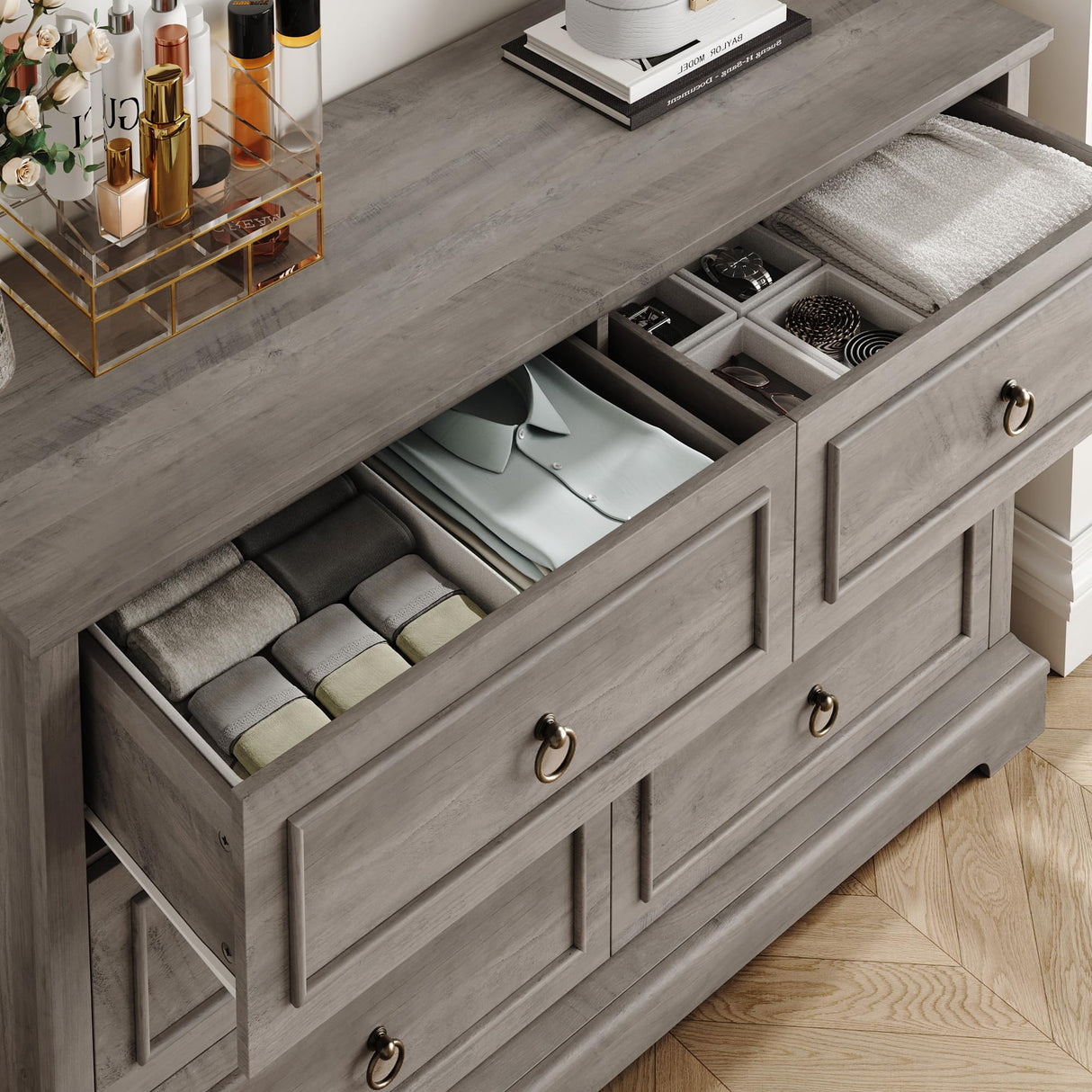 HOSTACK 6 Drawer Double Dresser, Modern Farmhouse Chest of Drawers, Wide Dressers Organizer, Accent Wood Storage Cabinet for Living Room, Hallway, Ash Grey HOSTACK