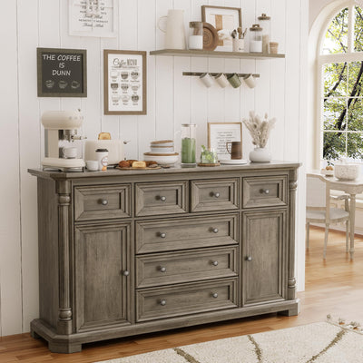 Yechen Buffet Cabinet with Drawers, 54" Large Sideboard Buffet Cabinet with 7 Drawers and 2 Doors, Farmhouse Solid Wood Sideboard for Kitchen, Living Room, Grey