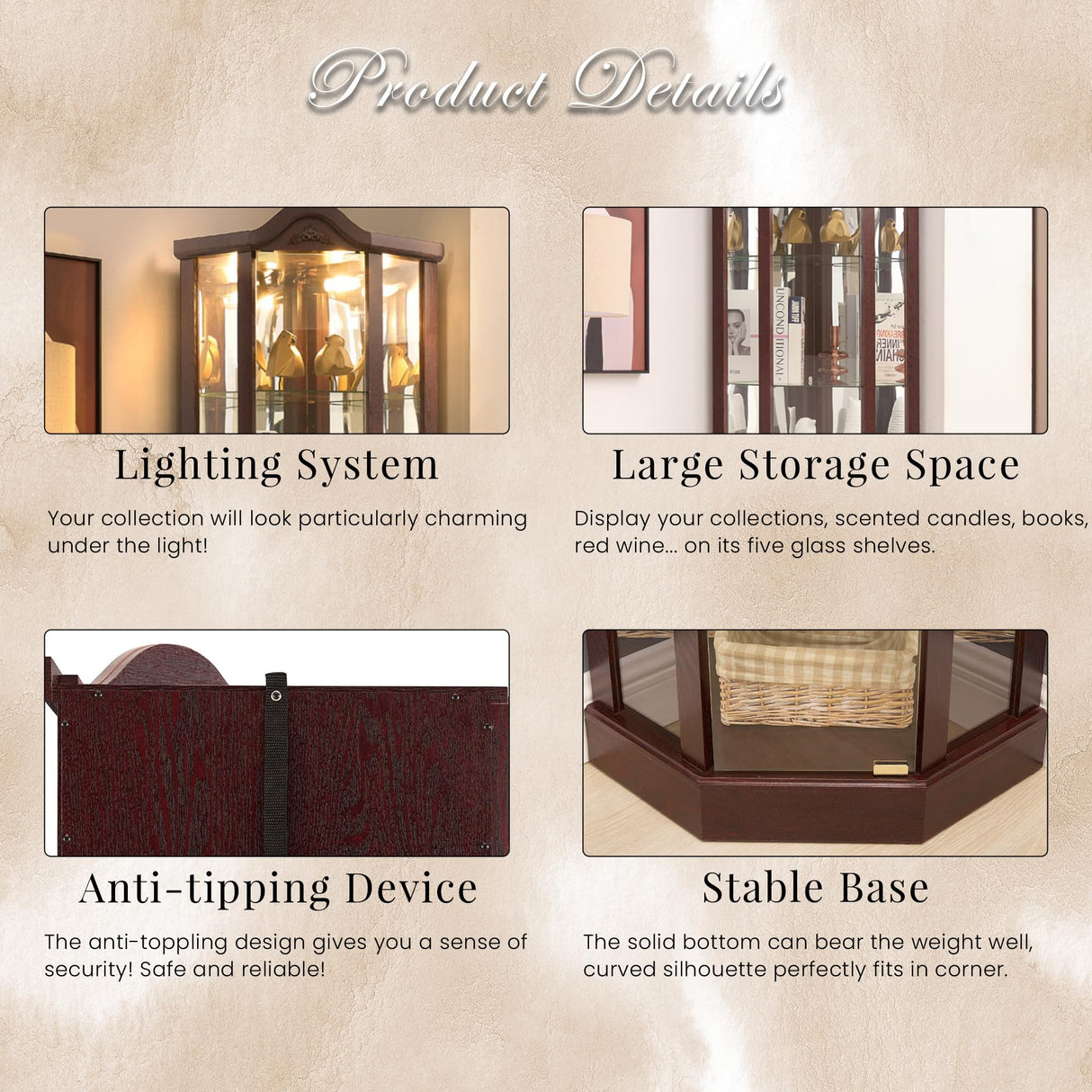 CKEASEAN 72" H Lighted Curio Cabinet with Light Blub, Glass Display Cabinet with 6 Adjustable Shelves, Tempered Glass Doors, Corner Wine Cabinet Storage Rack for Bar and Liquor Storage (Dark Cherry) CKEASEAN