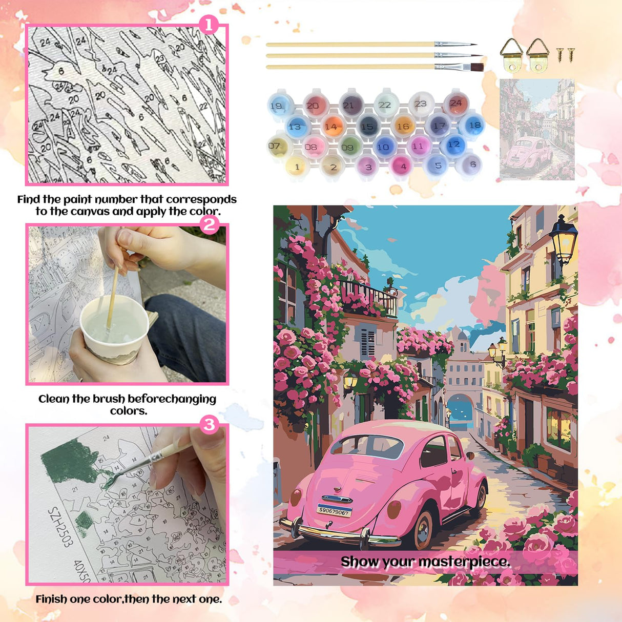 NPCSWXQ Paint by Numbers Kit for Adults Beginners, Sunset Pink Roses Pink Car Decoration Oil Acrylic Painting Crafts Number Artist Paint Kit for Home Wall Bedroom Study or Office Decor Gift 16x20Inch NPCSWXQ