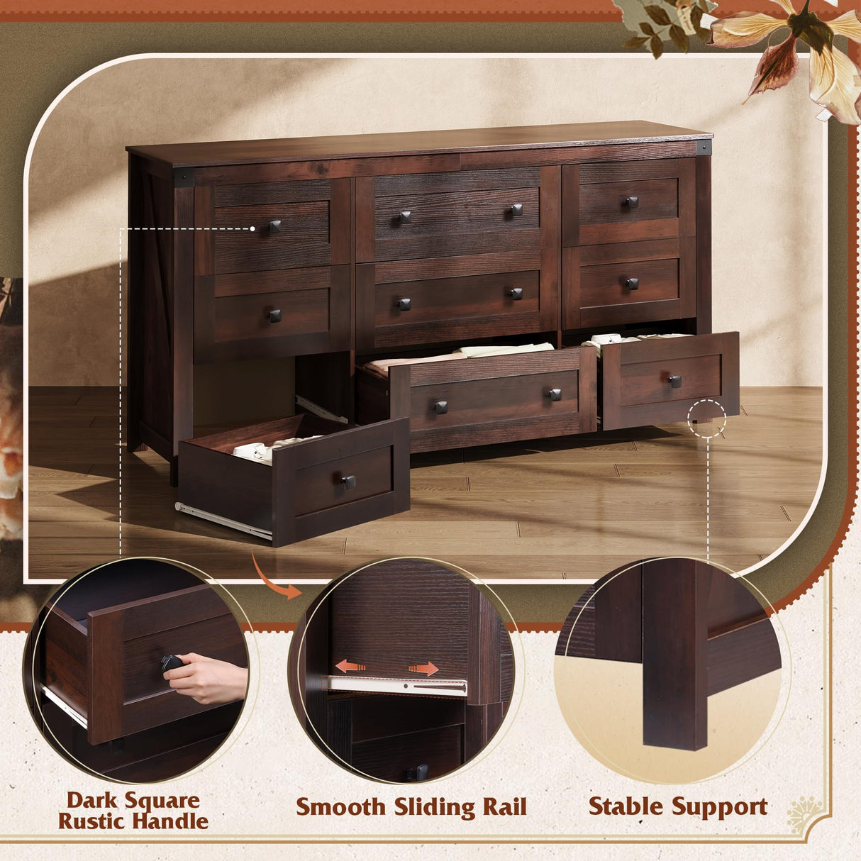 WLIVE Farmhouse Dresser for Bedroom, 63" Wide 9 Drawer Dresser Storage Organizer, Wood Chest of Drawers for Bedroom, TV Stand for 70 inch TV for Living Room, Hallway, Ball Bearing Slide (Brown) WLIVE