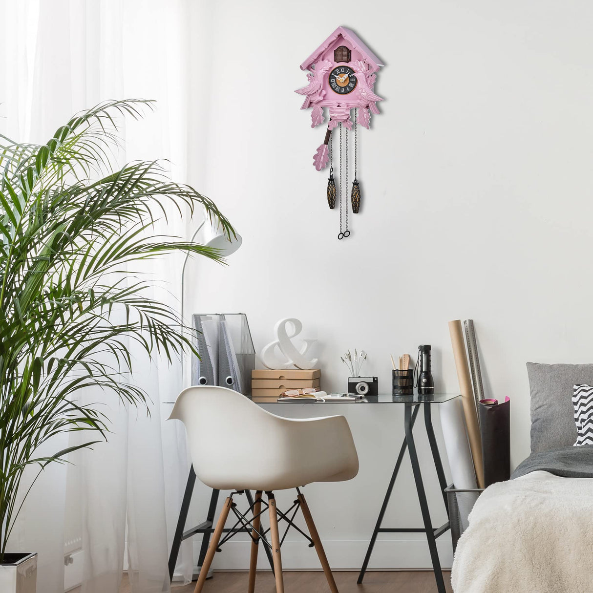 TIMEGEAR Cuckoo Clock with Night Mode, Singing Bird, Wooden Decorations and Swinging Pendulum (Pink) TIMEGEAR