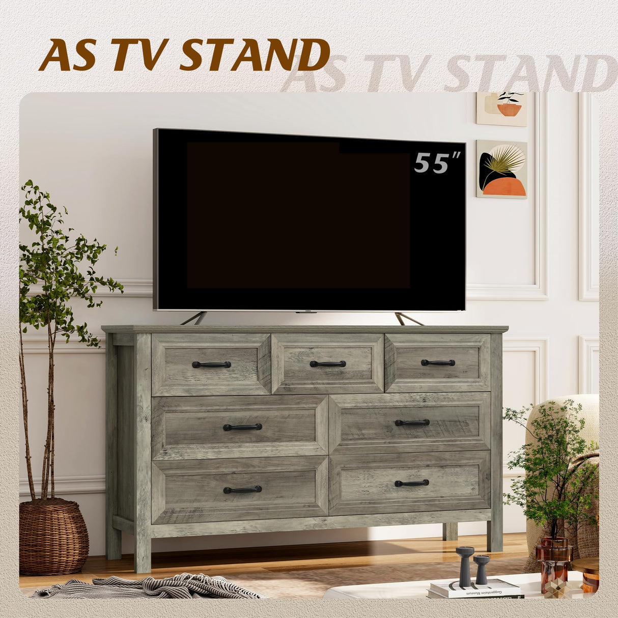 Nasonet Farmhouse 7-Drawer Dresser for Bedroom, 52" Wide Wood Chest of Drawers with Large Metal Handles, Grey Dressers Storage Organizer for Bedroom, Living Room & Hallway Nasonet