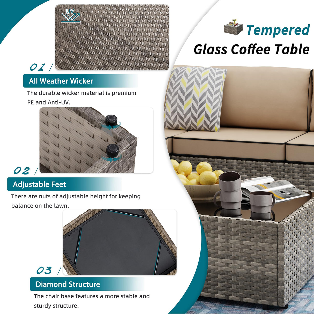 Shintenchi 7 Pieces Outdoor Patio Sectional Sofa Couch, Wicker Furniture Conversation Sets with Washable Cushions & Glass Coffee Table for Garden, Poolside, Backyard (Khaki) Shintenchi