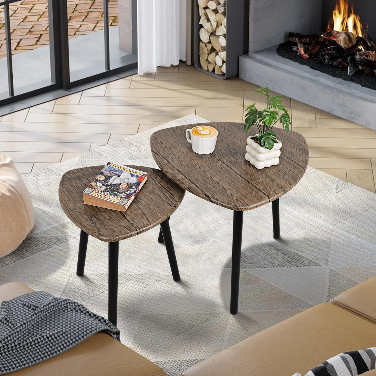 Small Nesting Coffee Table Set of 2 Modern Minimalist Wooden Side Table with Wood Frame for Couch Bedroom Apartment, Light Brown FEUFOAM